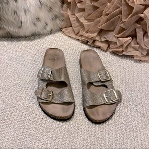 White Mt. Horizon Shimmer Fabric Double Buckle Cork Heel Slide Sandals Sandals